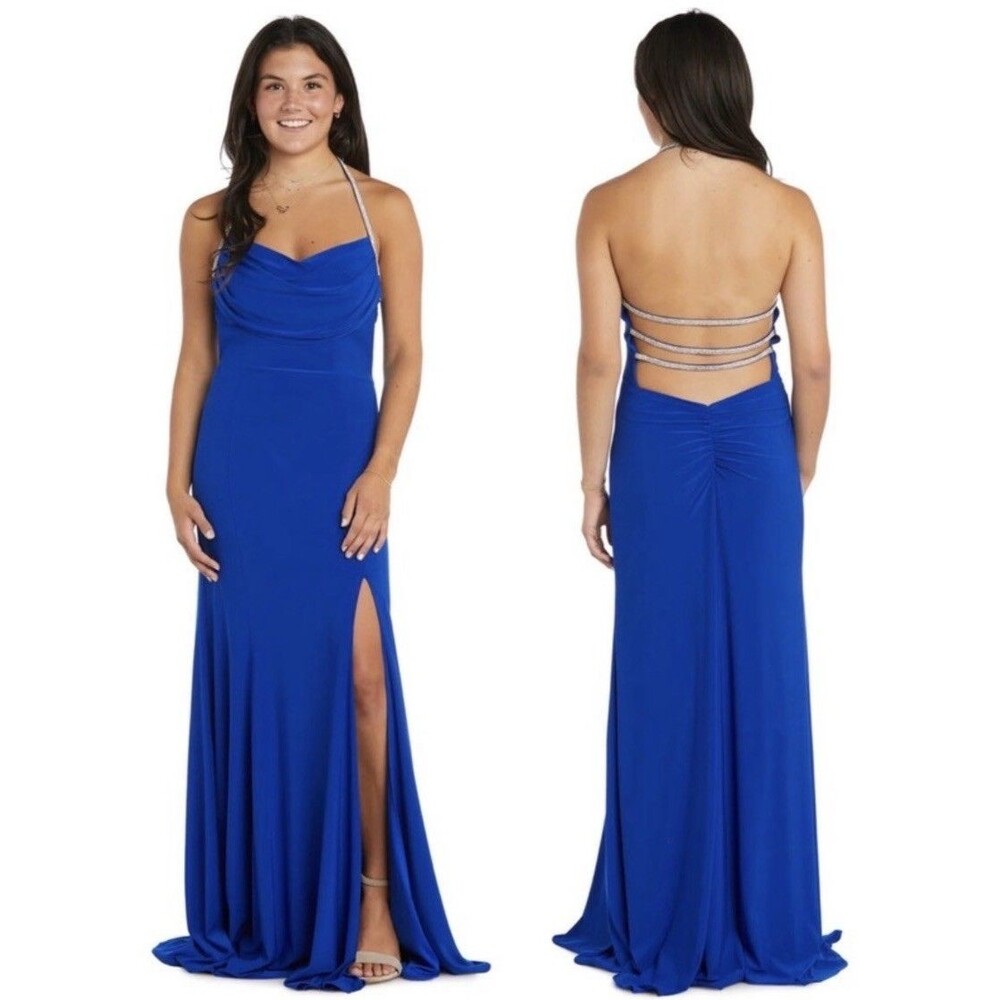 Morgan Co Y2k 90s Prom HOCO Gown Dress Blue Halter Strappy Cage Back Rhinestone